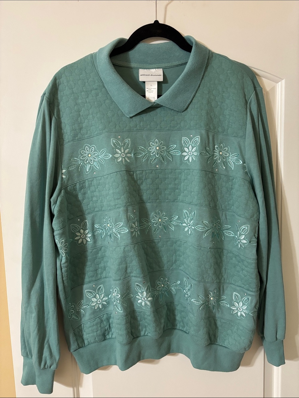 Alfred Dunner Teal Green Floral Embroidered Pullover Sweater